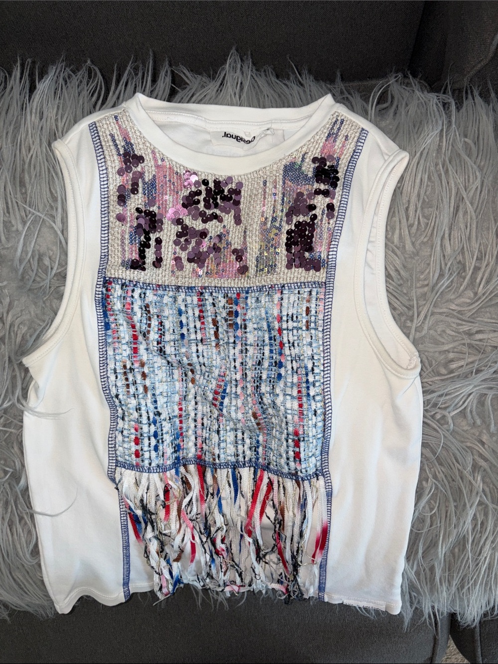 Desigual White Tank Top with Purple Sequins and Multicolor Woven Front